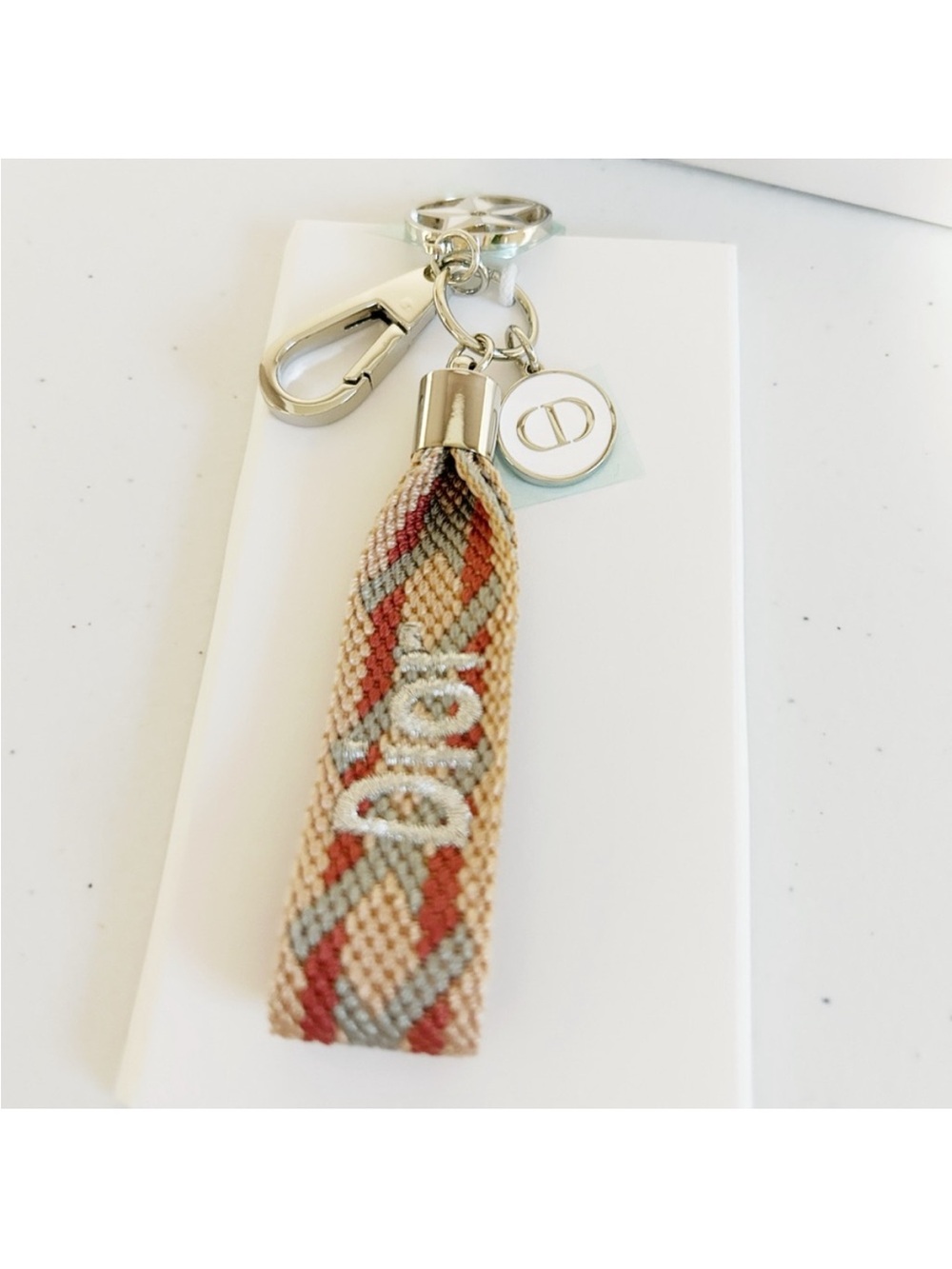 Dior Beige Pink Tan Woven Logo Tassel Keychain